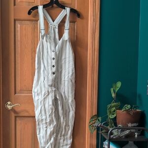 BillaBong Striped Button-Front Linen Overalls in Cream and Black